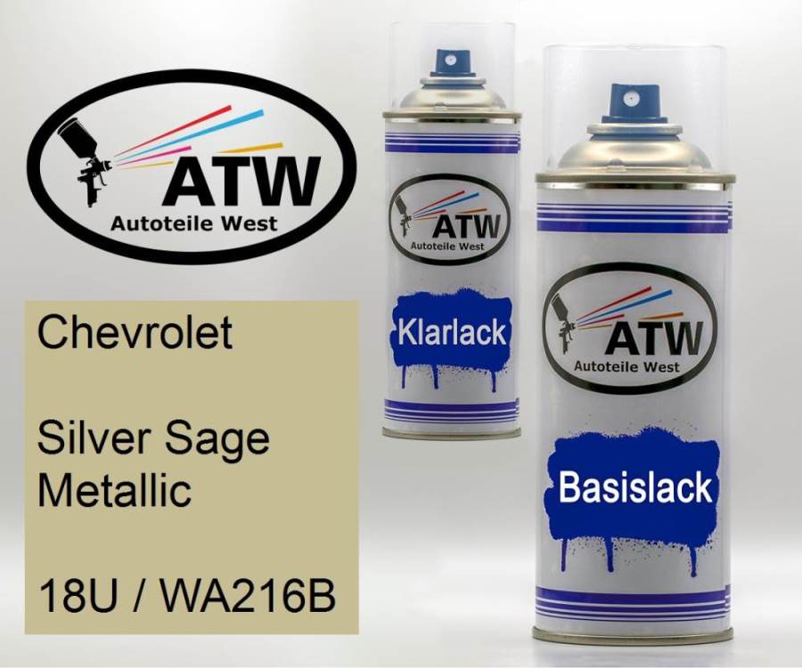 Chevrolet, Silver Sage Metallic, 18U / WA216B: 400ml Sprühdose + 400ml Klarlack - Set, von ATW Autoteile West.